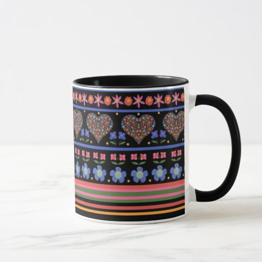 Folk Art Style Border op Black Ringer Coffee Mok (Rechts)