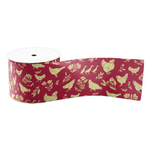 Folk Art Style Chickens, Ducks & Flowers Grosgrain Lint