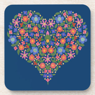Folk Art Style Floral Heart, blauwe set Onderzette Bier Onderzetter