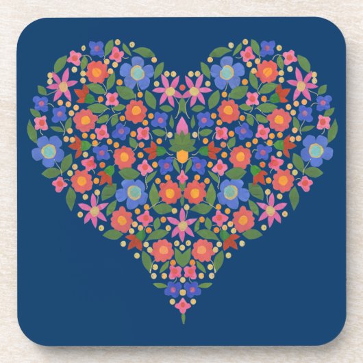 Folk Art Style Floral Heart, blauwe set Onderzette Bier Onderzetter (Voorkant)