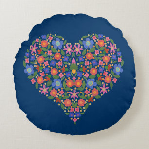 Folk Art Style Floral Heart op blauw Sierkussen Rond Kussen