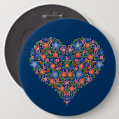 Folk Art Style Floral Heart op Blue Round Button (Voorkant /achterkant)