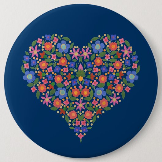 Folk Art Style Floral Heart op Blue Round Button (Voorkant)