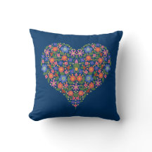 Folk Art Style Floral Heart op Moody Blue Pillow