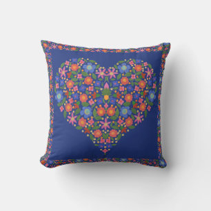 Folk Art Style Floral Heart op Royal Blue Pillow Kussen