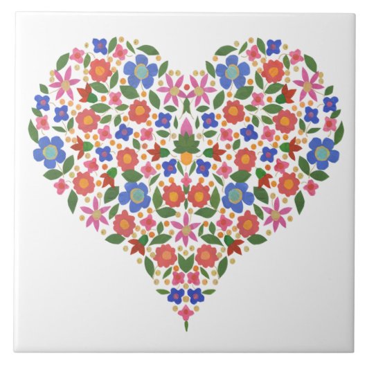 Folk Art Style Floral Heart White keramische tegel Tegeltje (Voorkant)