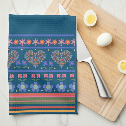 Folk Art Style Floral Hearts Border Kitchen Towel Theedoek (Quarter Fold)