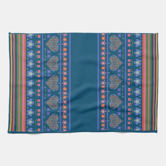 Folk Art Style Floral Hearts Border Kitchen Towel Theedoek (Horizontaal)