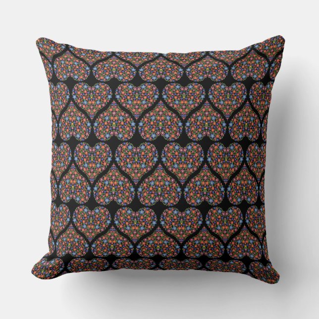 Folk Art Style Floral Hearts op Black Pillow Kussen (Voorkant)