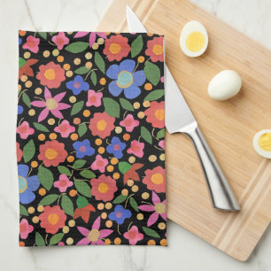 Folk Art Style Floral op Black Kitchen Towel Theedoek