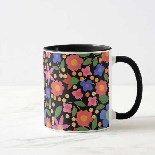 Folk Art Style Floral op Black Ringer Coffee Mok (Rechts)