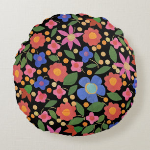 Folk Art Style Floral op Black Round Sierkussen Rond Kussen