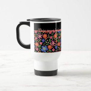  Folk Art Style Floral op Black Travel Mug Reisbeker