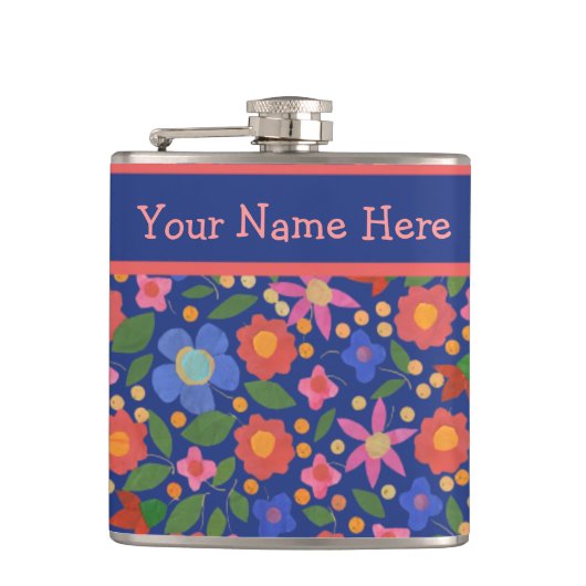  Folk Art Style Floral op blauwe heupfles (Voorkant)