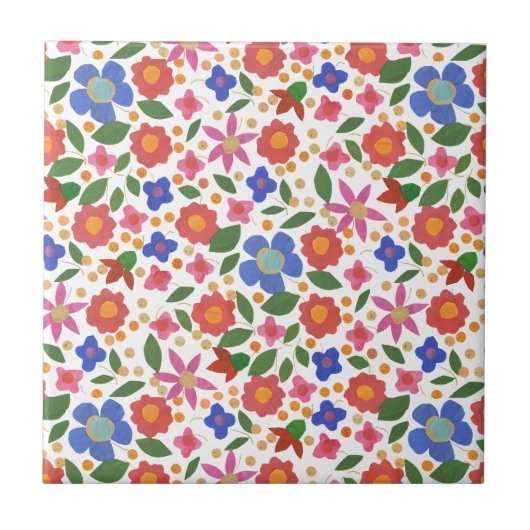 Folk Art Style Floral op White Ceramic Tile Tegeltje (Voorkant)