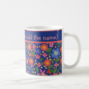  Folk Art Style Floral Pattern op Blue Koffiemok