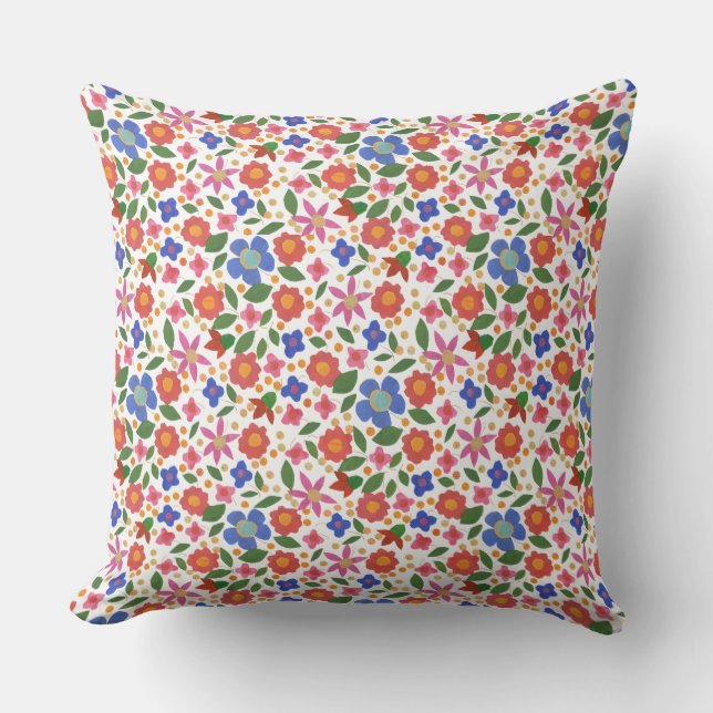 Folk Art Style Floral Pattern op White Pillow Kussen (Voorkant)
