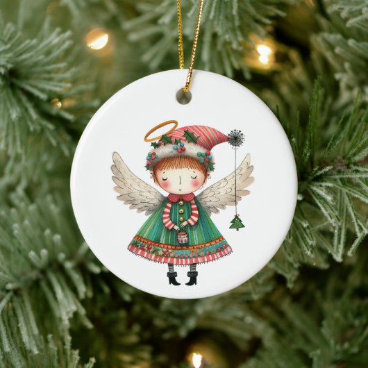 Folk Art Style Schattige Angel Keramisch Ornament (Boom)