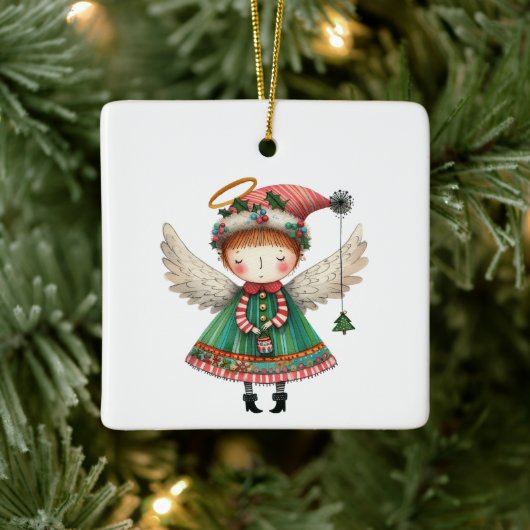Folk Art Style Schattige Angel Keramisch Ornament (Boom)
