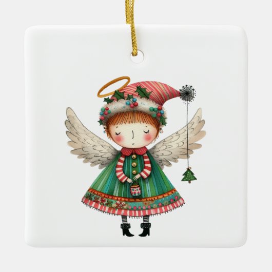 Folk Art Style Schattige Angel Keramisch Ornament (Voorkant)