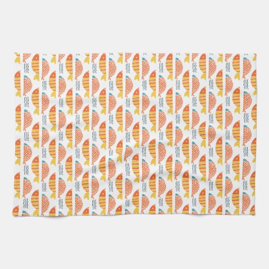Folk Art Swimming Fish Patroon Theedoek (Horizontaal)