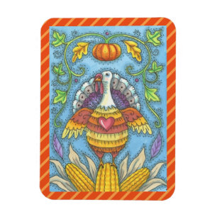 FOLK ART TURKEY & CORN THANKSGIVING MAGNET Holiday Magneet