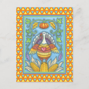 FOLK ART TURKEY, KLEUREN VAN THANKSGIVING SEASONAL BRIEFKAART