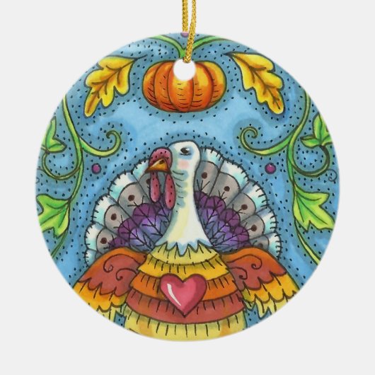 FOLK ART TURKEY, KLEUREN VAN THANKSGIVING SEASONAL KERAMISCH ORNAMENT (Voorkant)