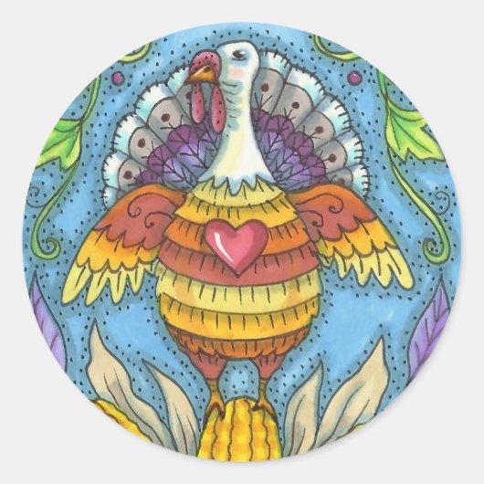 FOLK ART TURKEY, KLEUREN VAN THANKSGIVING SEASONAL RONDE STICKER (Voorkant)