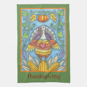 FOLK ART TURKEY THANKSGIVING HOLIDAY KITCHEN TOWEL THEEDOEK