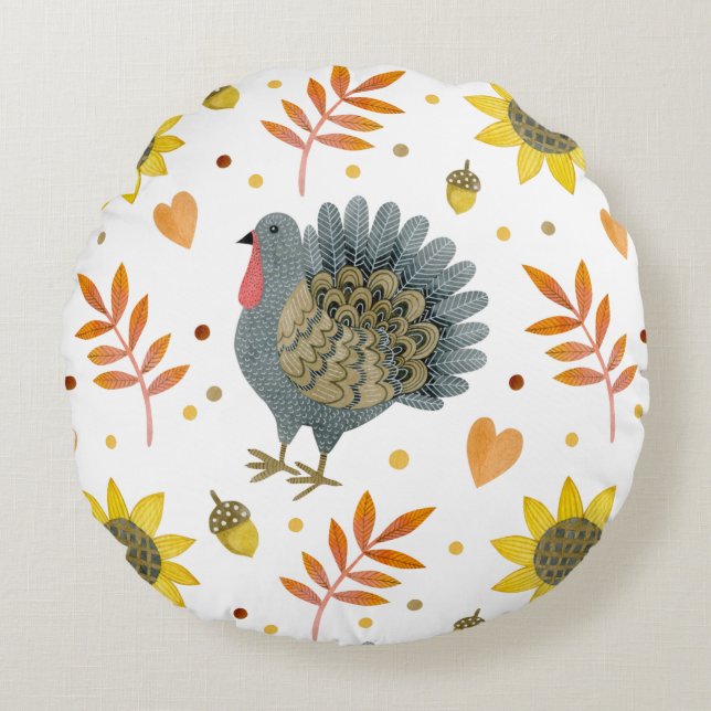 Folk Art Turkeys Rond Kussen (Voorkant)