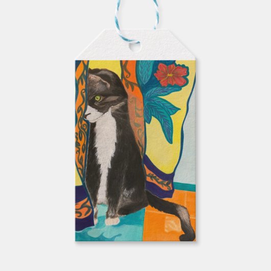 Folk Art Tuxedo Cat Cadeaulabel (Voorkant)