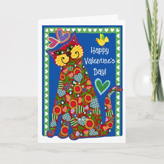 Folk Art van de Cat Folded Valentijn Card Feestdagen Kaart (Voorkant)