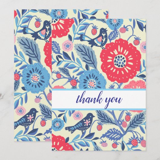 Folk Art Vogel en Aardbei Dankjewel Kaart (Voorkant / Achterkant)