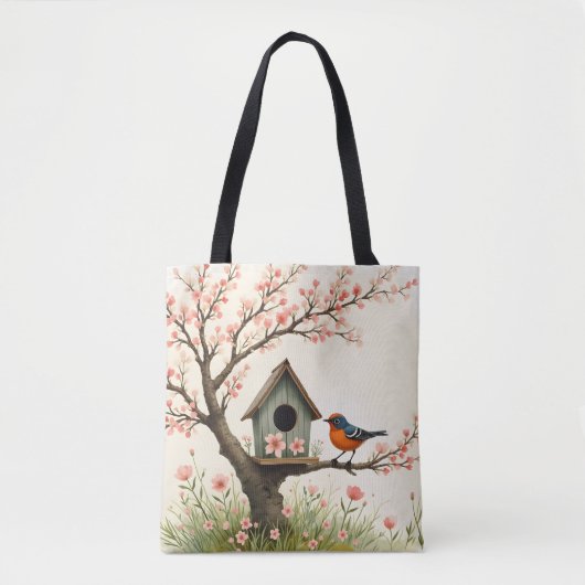 Folk Art Vogel en Vogelhuis Tote Bag (Voorkant)