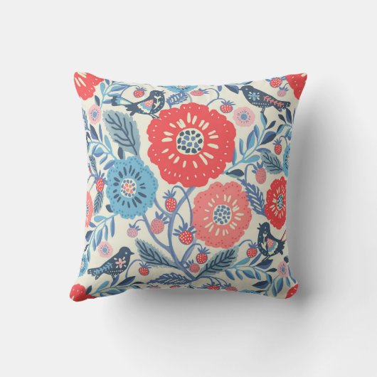 Folk Art Vogel in Bloemen Design Kussen (Achterkant)