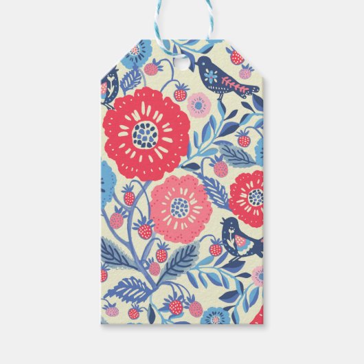 Folk Art Vogels, Aardbei en Bloem Print Cadeaulabel (Voorkant)