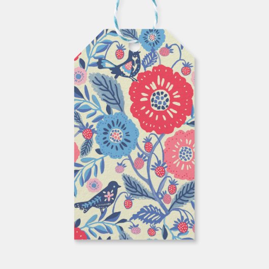 Folk Art Vogels, Aardbei en Bloem Print Cadeaulabel (Achterkant)