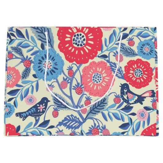 Folk Art Vogels, Aardbei en Bloem Print Groot Cadeauzakje (Voorkant)