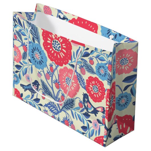 Folk Art Vogels, Aardbei en Bloem Print Groot Cadeauzakje (Voorkant Gekanteld)