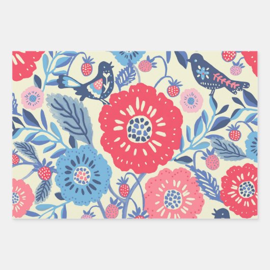 Folk Art Vogels, Aardbei en Bloem Print Inpakpapier Vel (Voorkant 3)