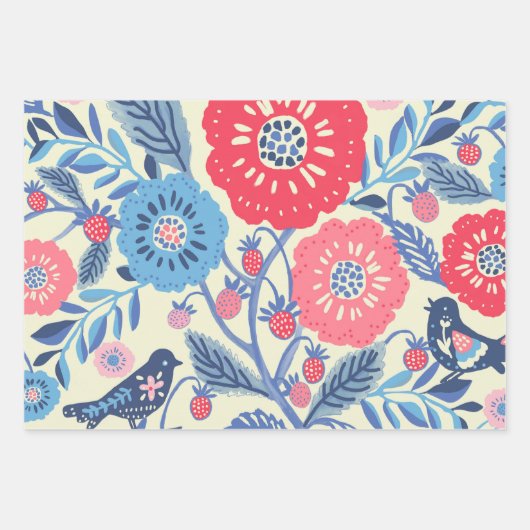 Folk Art Vogels, Aardbei en Bloem Print Inpakpapier Vel (Voorkant 2)