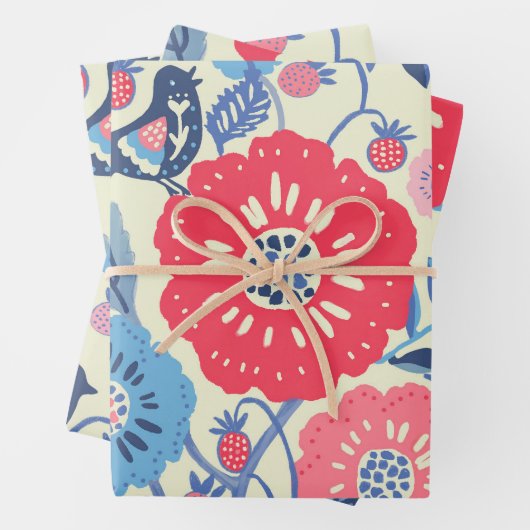 Folk Art Vogels, Aardbei en Bloem Print Inpakpapier Vel (In situ)