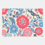 Folk Art Vogels, Aardbei en Bloem Print Inpakpapier Vel (Voorkant)
