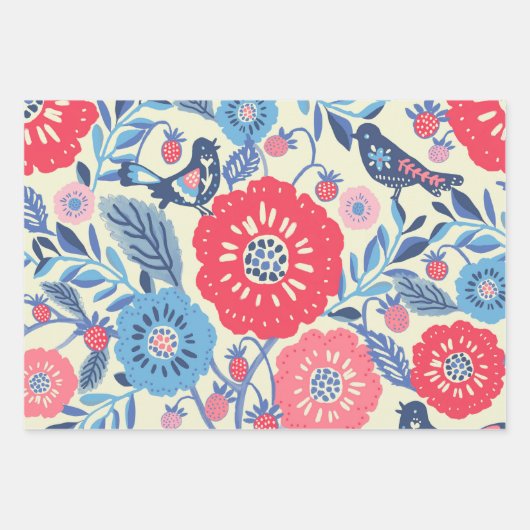 Folk Art Vogels, Aardbei en Bloem Print Inpakpapier Vel (Voorkant)