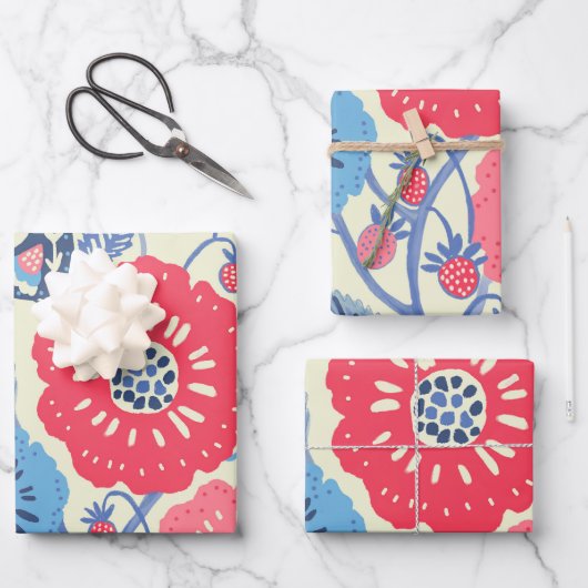 Folk Art Vogels, Aardbei en Bloem Print Inpakpapier Vel (Voorkant)