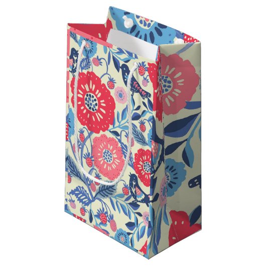 Folk Art Vogels, Aardbei en Bloem Print Klein Cadeauzakje (Voorkant Gekanteld)