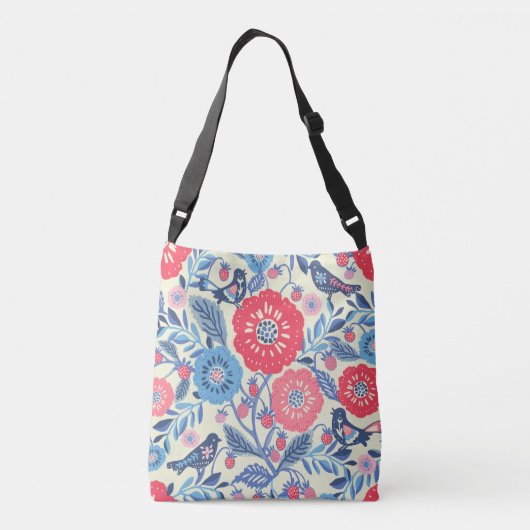 Folk Art Vogels Aardbei en bloemen Crossbody Tas (Achterkant)