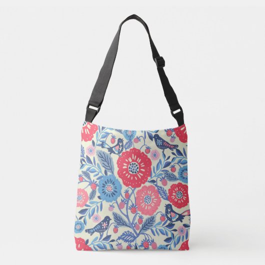 Folk Art Vogels Aardbei en bloemen Crossbody Tas (Voorkant)