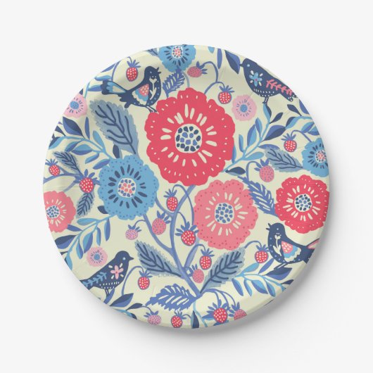 Folk Art Vogels Aardbei en bloemen Papieren Bordje (Voorkant)
